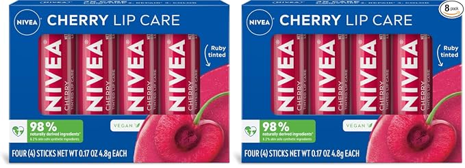 NIVEA Lip Care, Paquete Variado de Bálsamo Labial Tintado Frutal, Sabores a Cereza, Fresa, Mora y Sandía, Humedad, Reparación y Color 3-en-1, Barra de 0.17 Oz, Paquete de 4