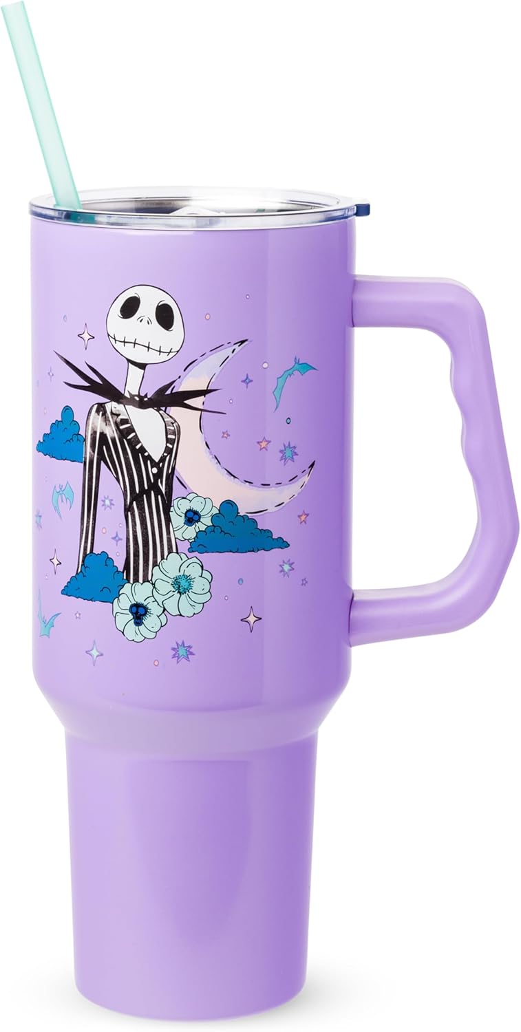 Silver Buffalo Disney Mickey and Friends Daisy, Donald Duck, Goofy, Pluto, Minnie Decals - Vaso de acero inoxidable de doble pared con asa, popote y tapa con pajilla, cabe en portavasos estándar, 40