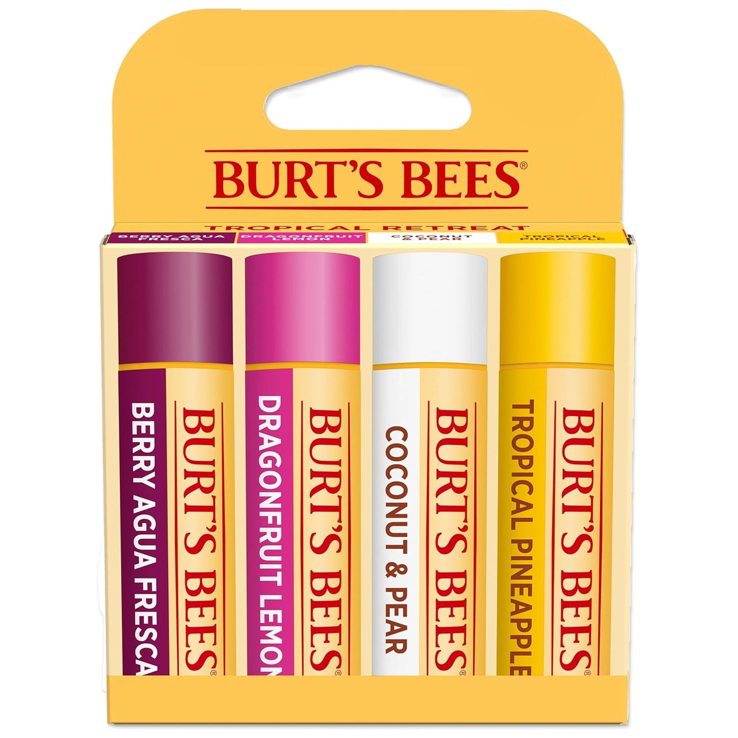Burt's Bees Gifts Ideas - Juego de bálsamo labial para fiesta de jardín, vainilla lavanda, melocotón dulce, manzana verde, miel de flores silvestres, con cera de abejas de origen responsable, tratamiento labial de origen natural, 0.15 onzas, cuatro tubos