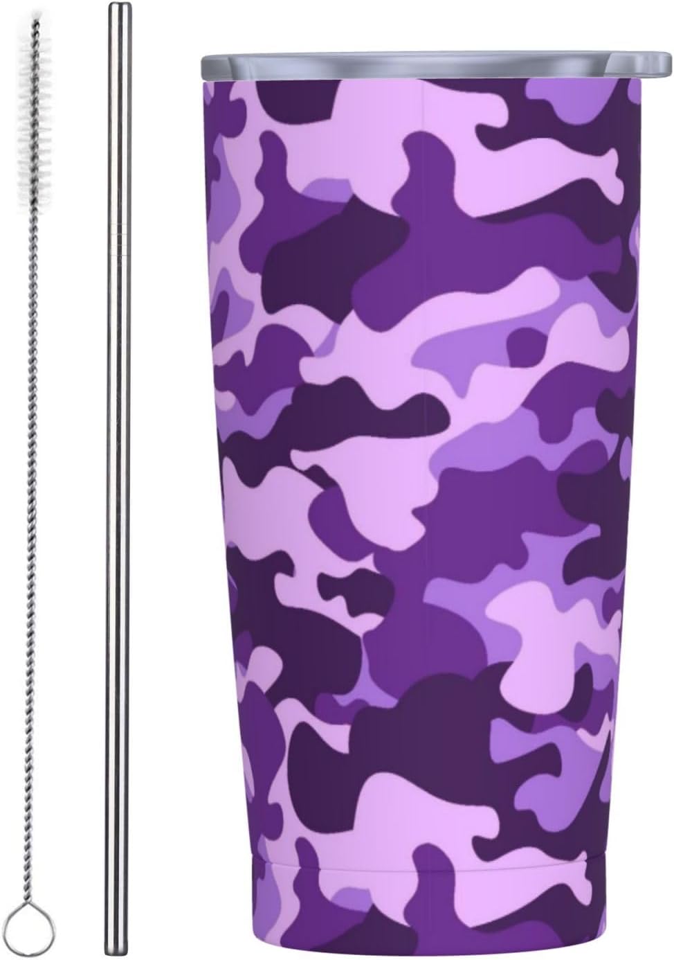 Vaso de 20 onzas con tapa y popote para mujer, diseño floral retro, con aislamiento, diseño floral retro, diseño de flores moradas, de acero inoxidable, taza de viaje al vacío de doble pared