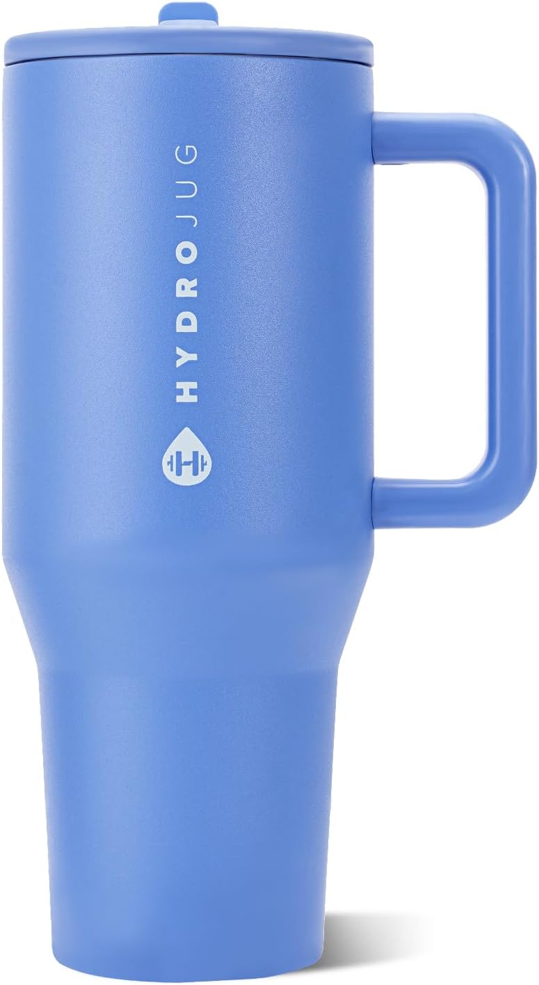 HydroJug Traveler - Botella de agua 32 oz con asa y pajilla abatible, apto para soporte para vasos, resistente a fugas, reutilizable, aislado, acero inoxidable y base de goma, unisex, rosado arena