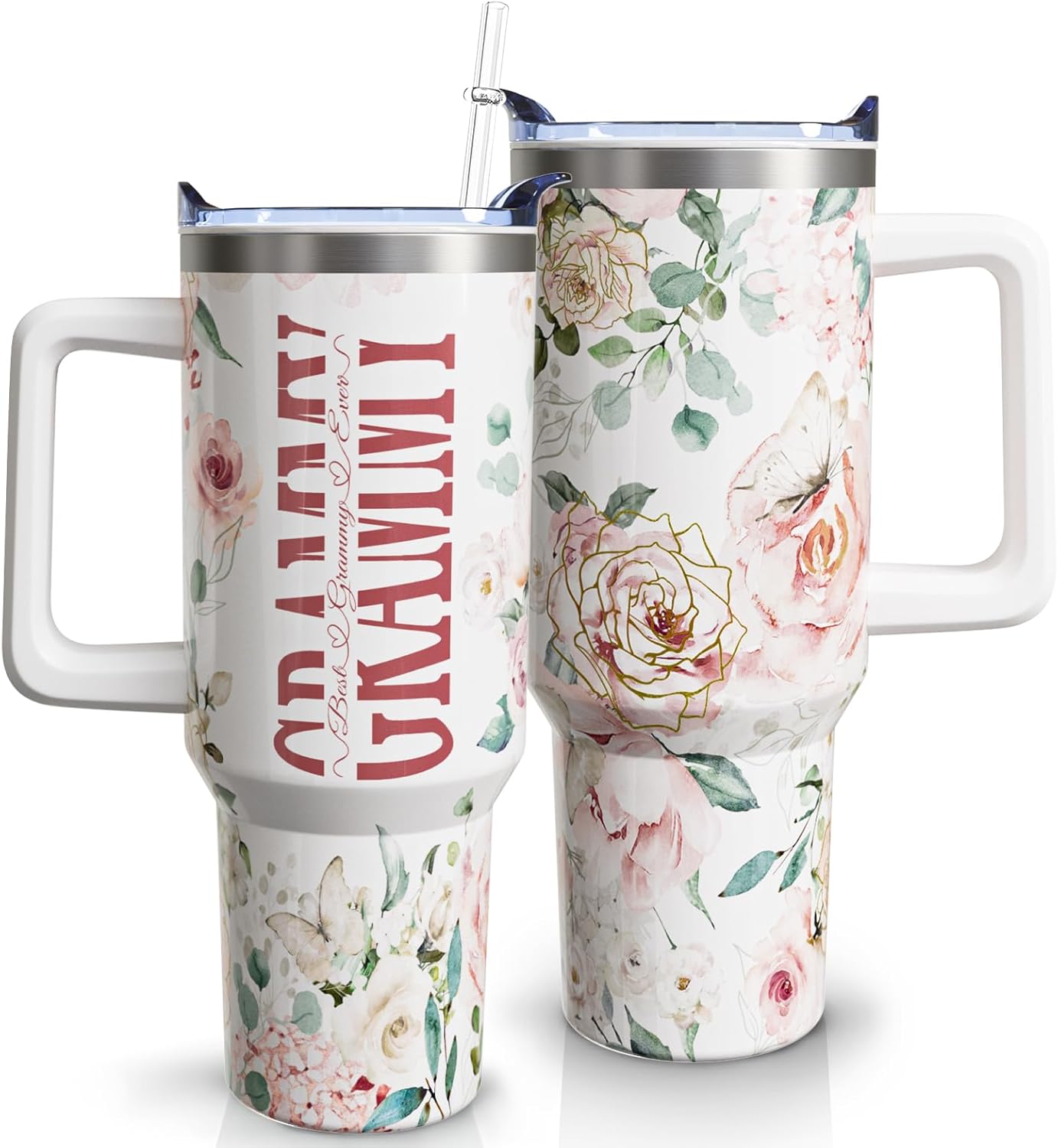 Mimi - Vaso de café con asa y pajita, de acero inoxidable, con diseño de Best Mimi Ever Sky Blue, 40 onzas, regalo para la abuela