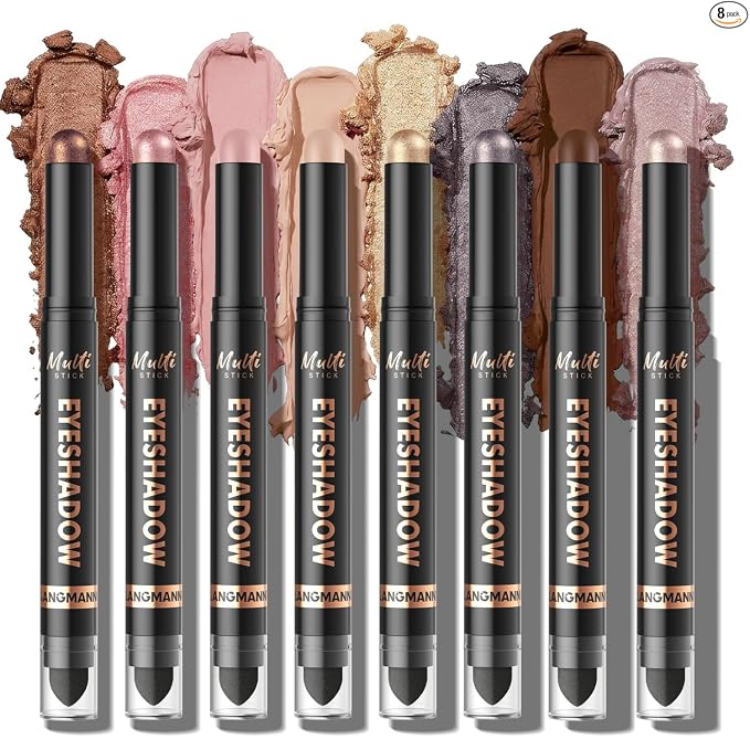 LANGMANNI 8Colors Dual-Ended Cream Eyeshadow Stick Set – Silky Smooth, Waterproof & Transfer-Proof, Built-in Blender Brush, All-Day Matte & Shimmer Wear Eye Makeup(#A)