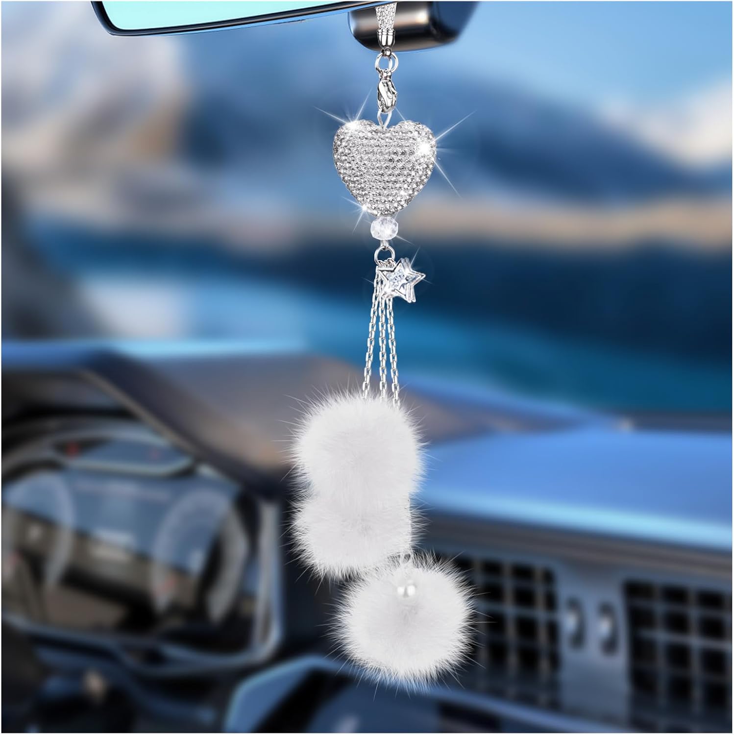 Adorno brillante para colgar en el automóvil, accesorios de espejo de automóvil para mujer, corazón de diamante y bola de felpa mullida, accesorios de automóvil para colgar, colgante para espejo