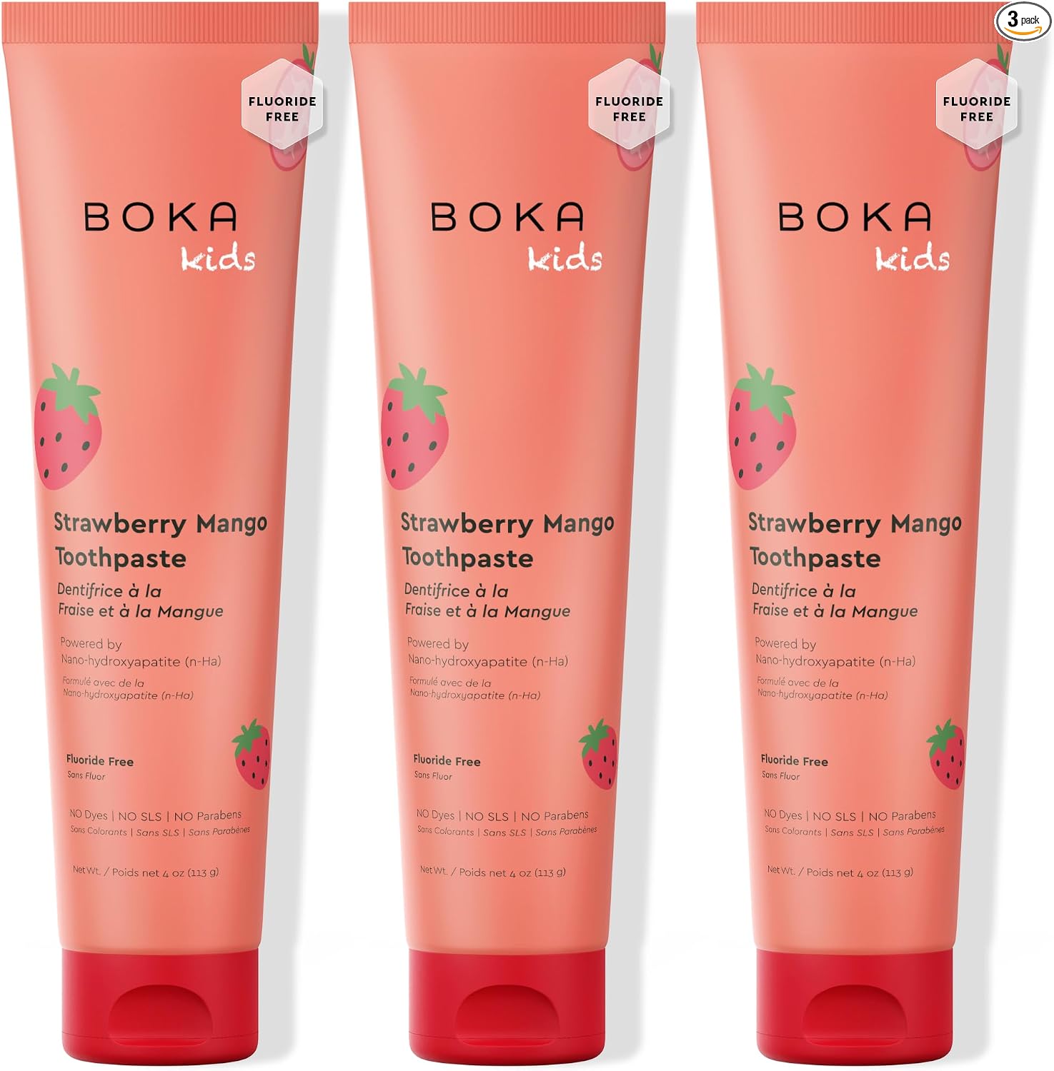 Boka Pasta de dientes sin flúor Nano Hydroxiapatite Pasta de dientes - Sabor fresa y mango, 4 oz 1 paquete