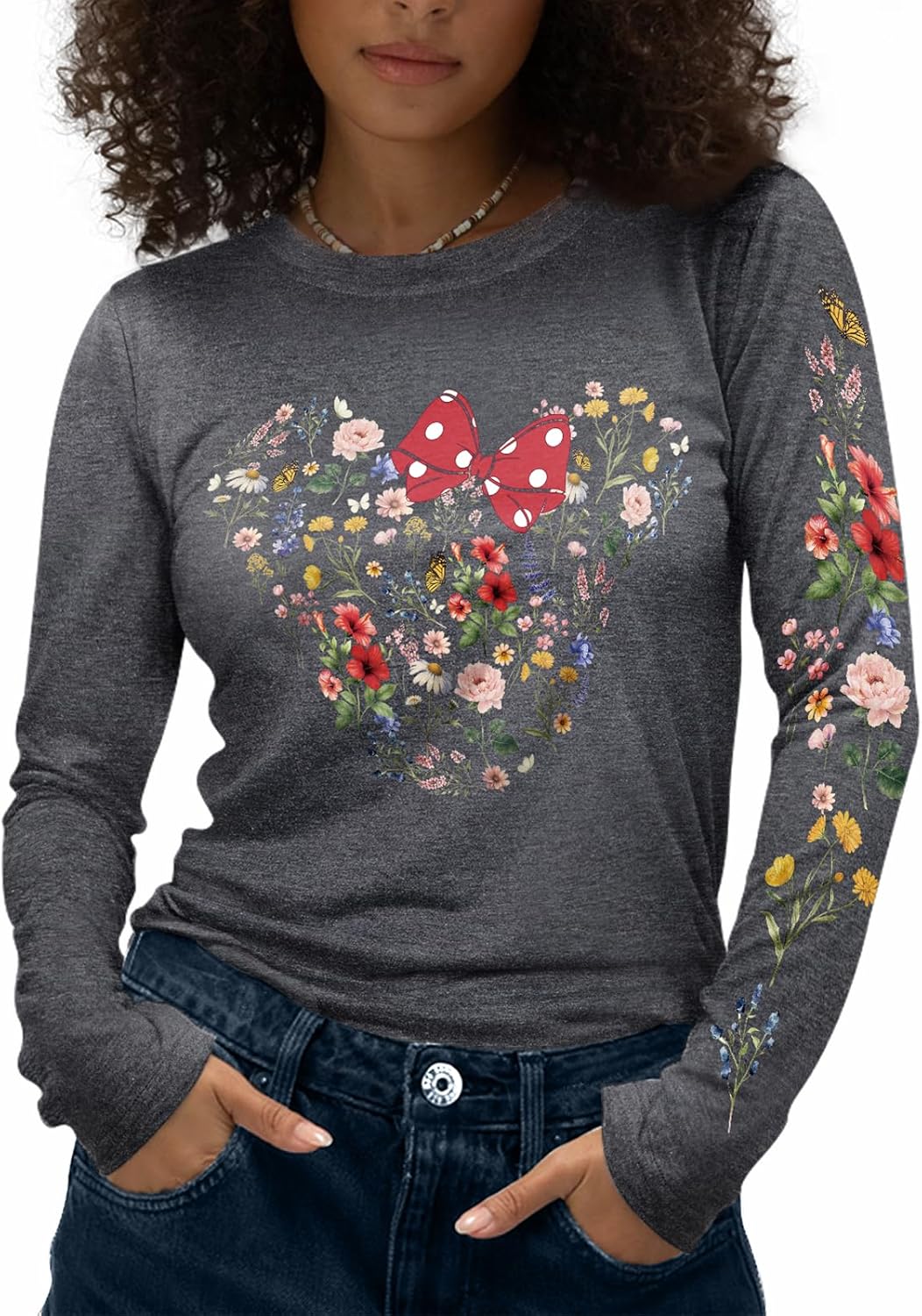 Flafens Camisetas de manga larga para mujer, cuello redondo, camisetas gráficas lindas y geniales para adolescentes y niñas