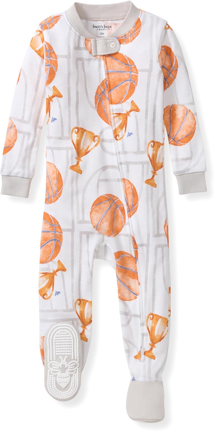 Burt's Bees Baby Pijama de algodón orgánico para niños, ajuste cómodo con pies | Convenient 2-way zip front sleeper pajama is equipped with non-slip bee grips for active littles on the move