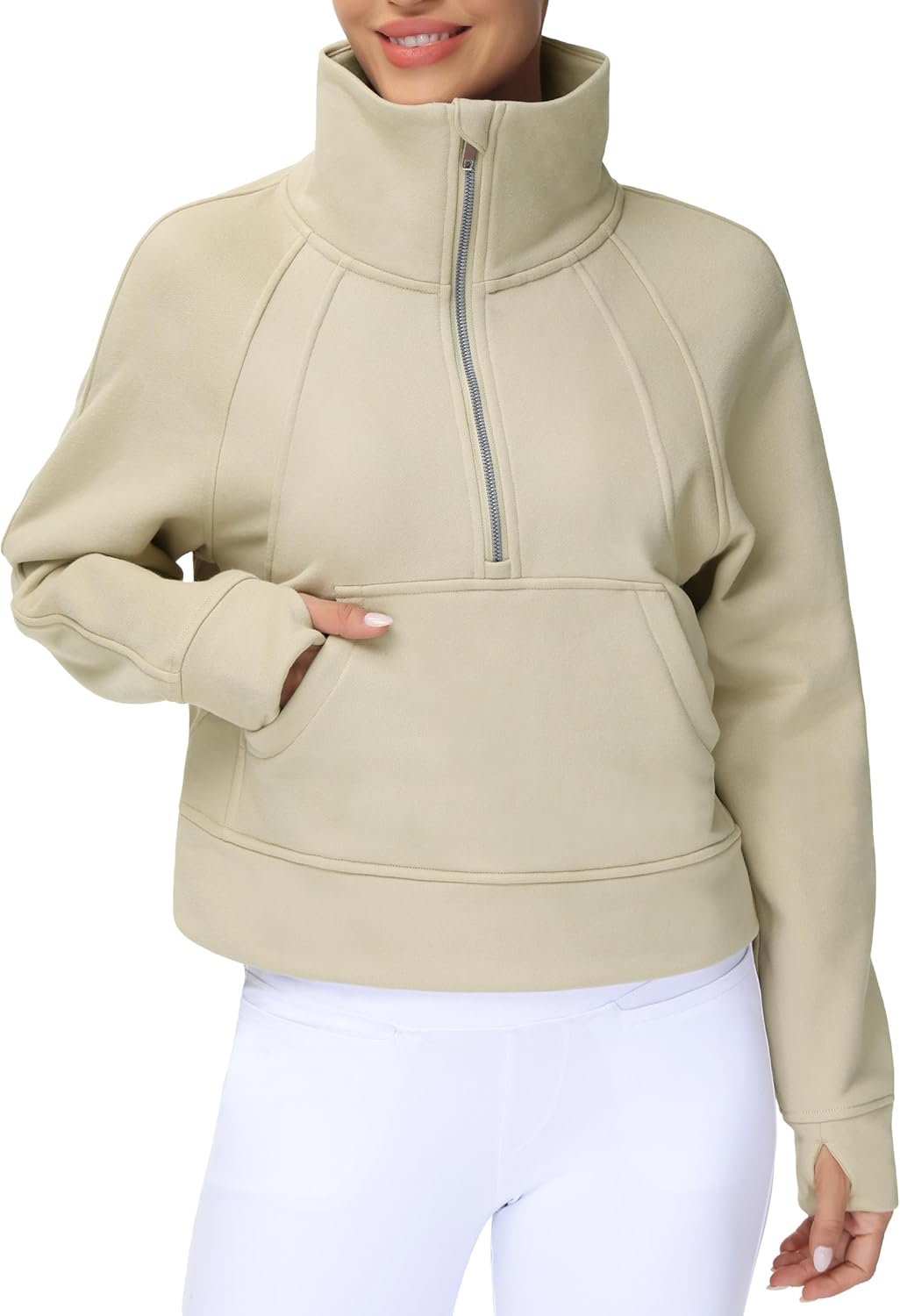 THE GYM PEOPLE Sudadera corta de forro polar con media cremallera para mujer con bolsillos y agujero para el pulgar | Crop sweatshirt with thumb hole, Functional pockets, Fleece Lined, Half zip sweatshirt for work, travel