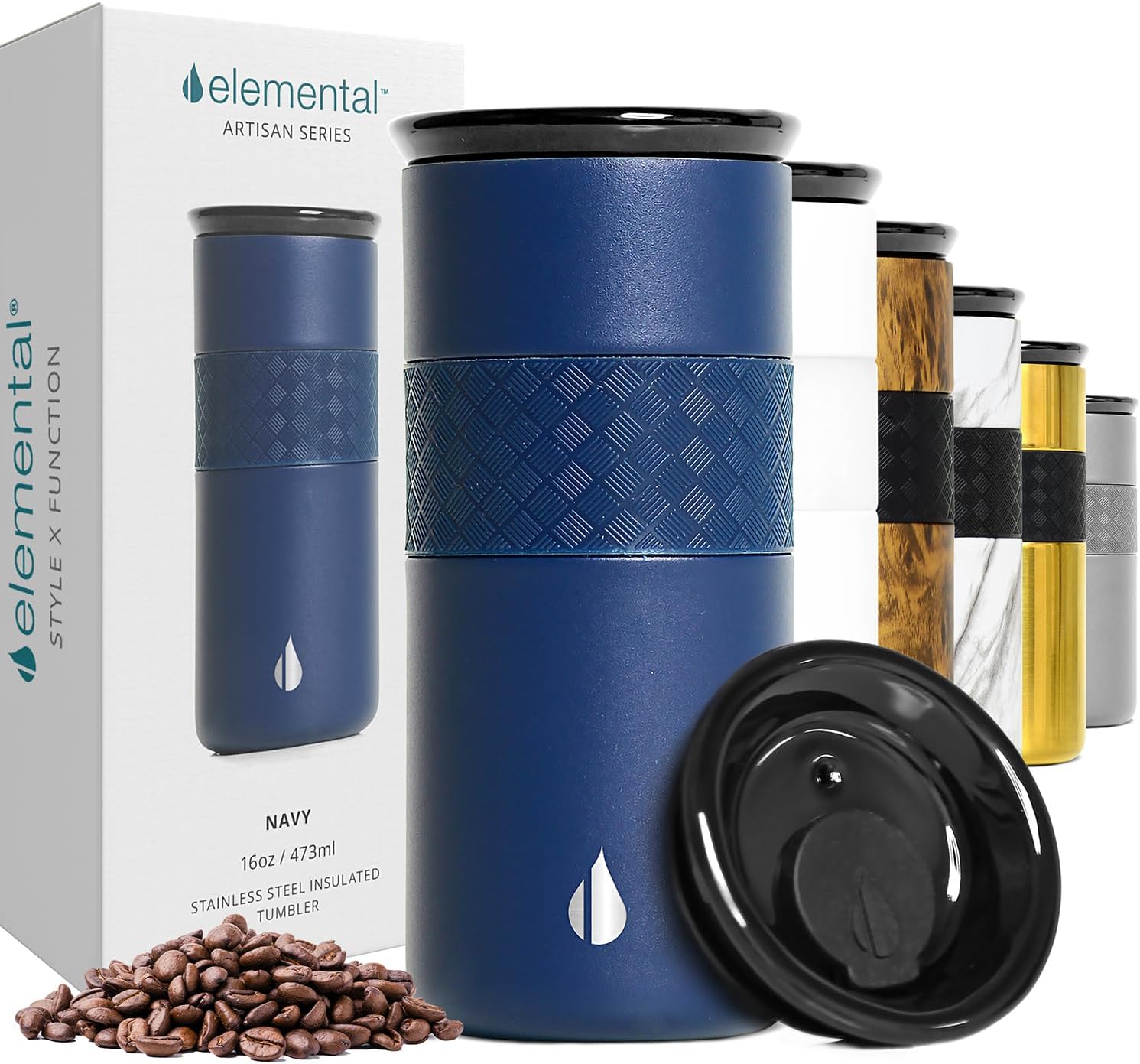 Elemental Vaso aislado artesanal, taza de viaje para café de triple pared, reutilizable, de acero inoxidable, con tapa de cerámica, tazas de café térmicas para bebidas calientes (6 horas) y frías (18 horas), 16 onzas, flores azules