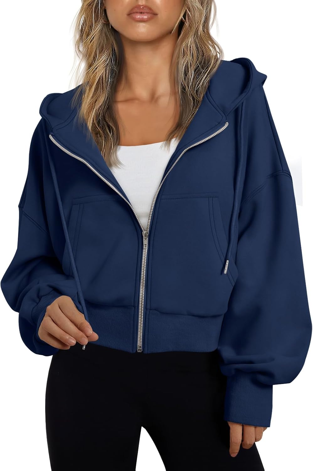 Trendy Queen Sudadera con capucha y cremallera para mujer, ligera, con hombros caídos, chaqueta atlética casual