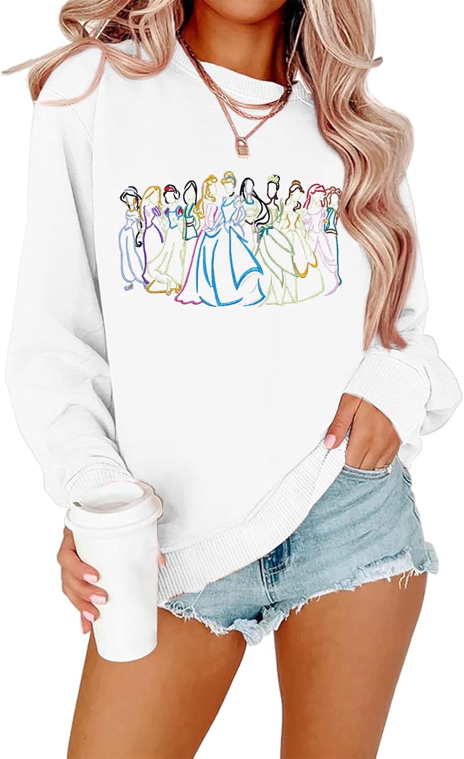 BANGELY Sudadera mágica para mujer, lindo suéter de princesa mágica bordado, camisa de vacaciones para la familia, camiseta casual de manga larga