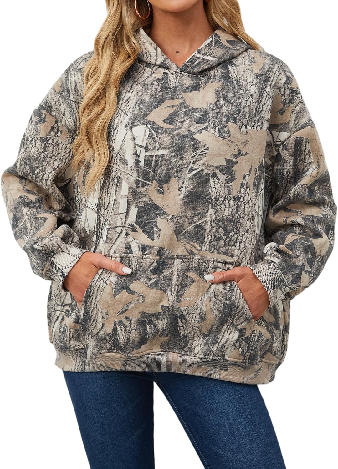 Anoumcy - Sudadera con capucha de camuflaje para mujer, con hoja de arce y forro de vellón, estilo holgado