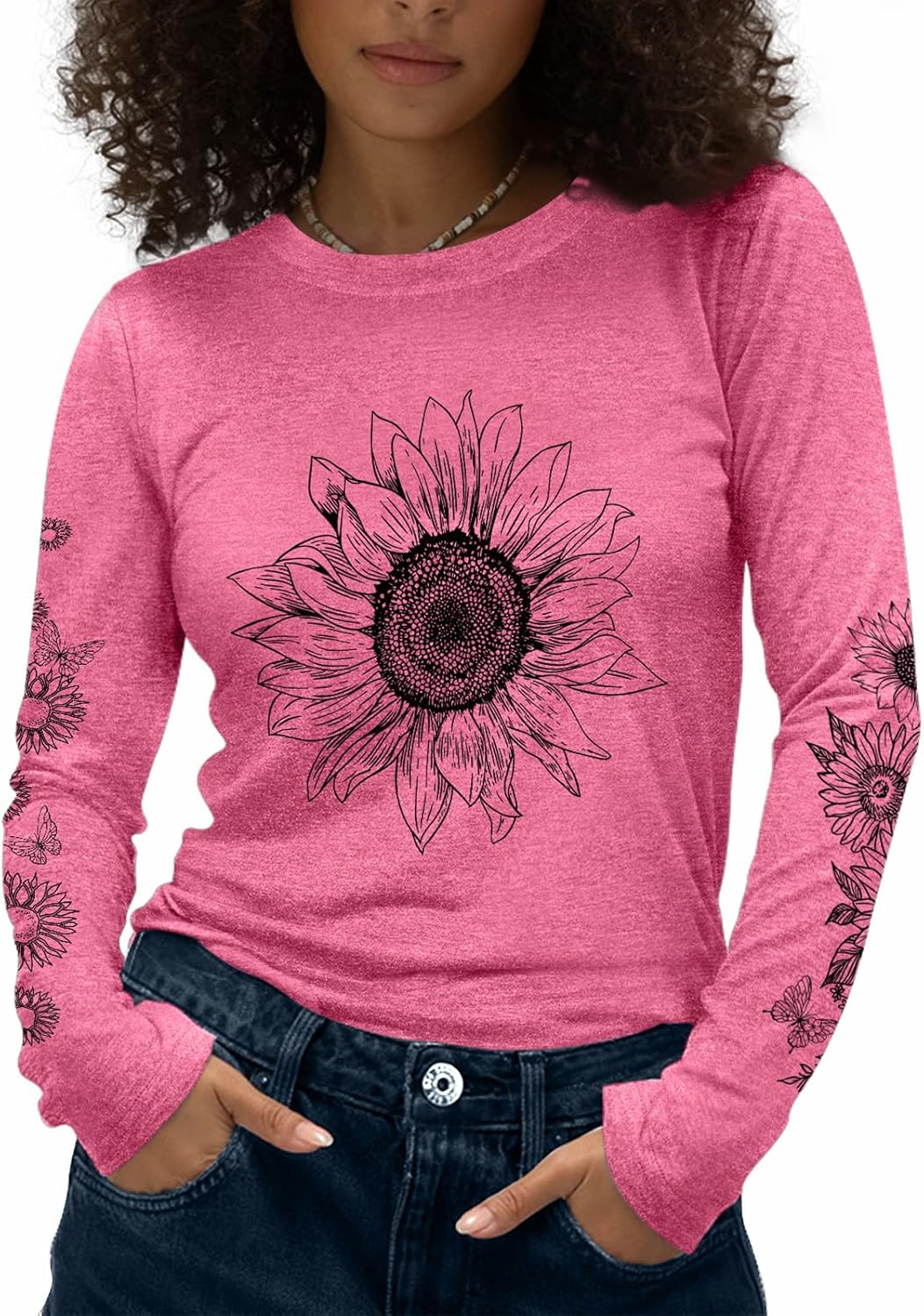 Flafens Camisetas de manga larga para mujer, cuello redondo, camisetas gráficas lindas y geniales para adolescentes y niñas