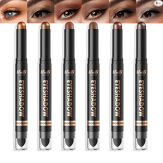 LANGMANNI 8Colors Dual-Ended Cream Eyeshadow Stick Set – Silky Smooth, Waterproof & Transfer-Proof, Built-in Blender Brush, All-Day Matte & Shimmer Wear Eye Makeup(#A)