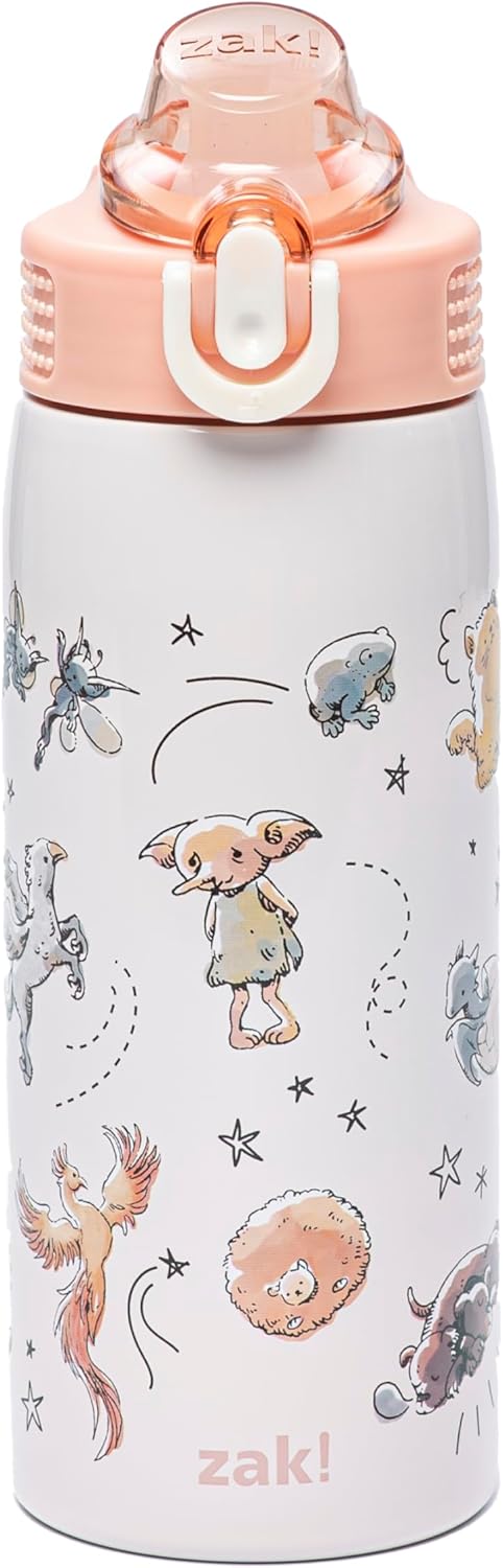 Zak Designs Disney Sage - Botella de agua para niños para la escuela o viajes, botella de agua de acero inoxidable de 19 onzas con pajita, asa y tapa de boquilla desplegable a prueba de fugas (Stitch)