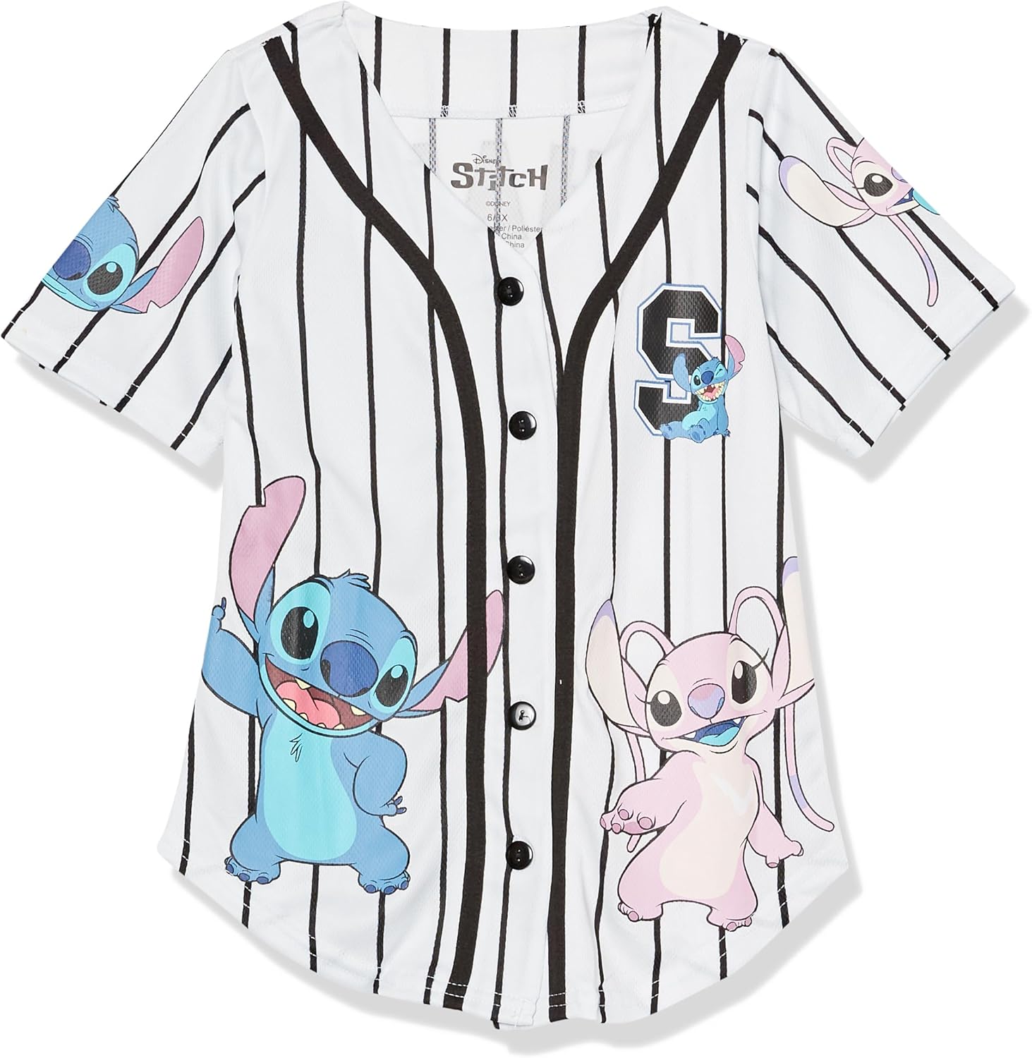 Disney Camiseta de béisbol Lilo & Stitch, Angel Baseball para niñas de Disney, camisa clásica de malla con botones