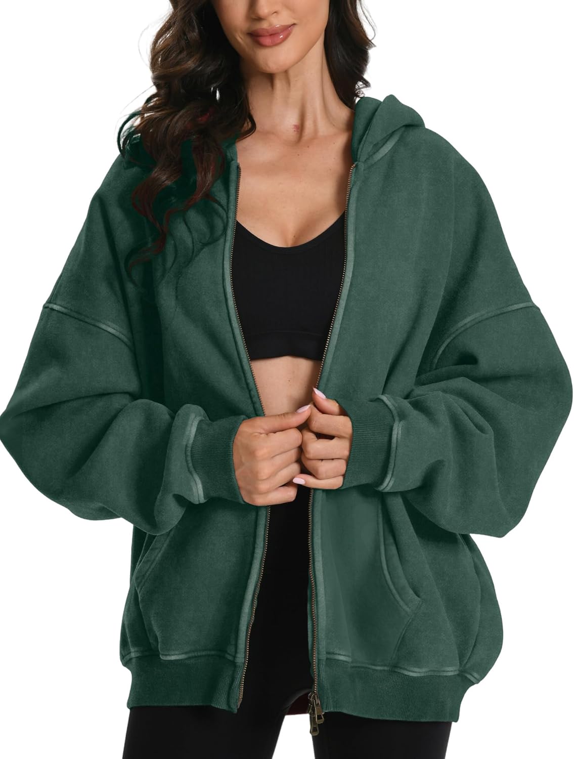 FAIABLE Sudadera con capucha y cremallera para hombre y mujer, de gran tamaño, con lavado ácido, pesada, de algodón, forro polar, con cremallera, estilo vintage