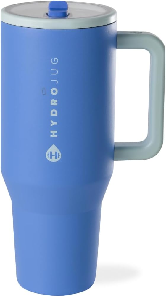 HydroJug Traveler - Botella de agua 32 oz con asa y pajilla abatible, apto para soporte para vasos, resistente a fugas, reutilizable, aislado, acero inoxidable y base de goma, unisex, rosado arena