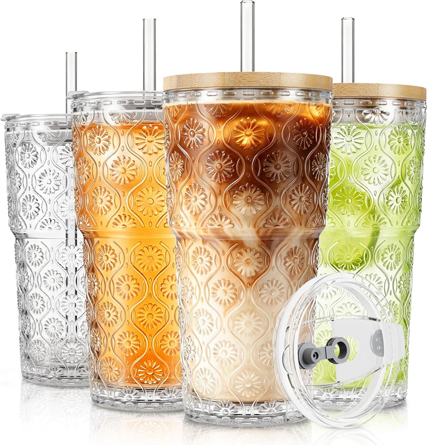 SoulTimes Juego de 2 vasos de vidrio acanalados y florales de 20 onzas, vasos de vidrio reutilizables con tapa y popote de vidrio, tazas de café helado para agua, batido, leche, cóctel y más, perfecto