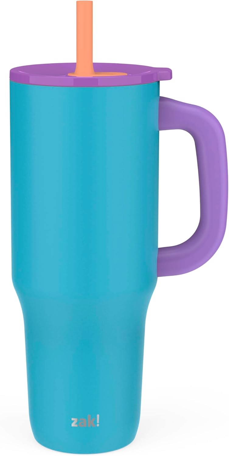 Zak Designs Disney Sutton - Vaso de viaje para llevar o en casa, acero inoxidable de 40 onzas con aislamiento al vacío, popote de silicona, asa de transporte y obras de arte 3D para bebidas frías (Minnie Mouse)