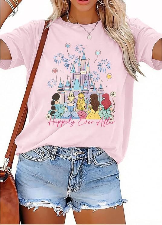 Camisas del Reino Mágico para Mujer, Top de Lentejuelas, Camiseta Gráfica de Castillo Colorido, Camiseta Divertida y Linda para Vacaciones Festivas