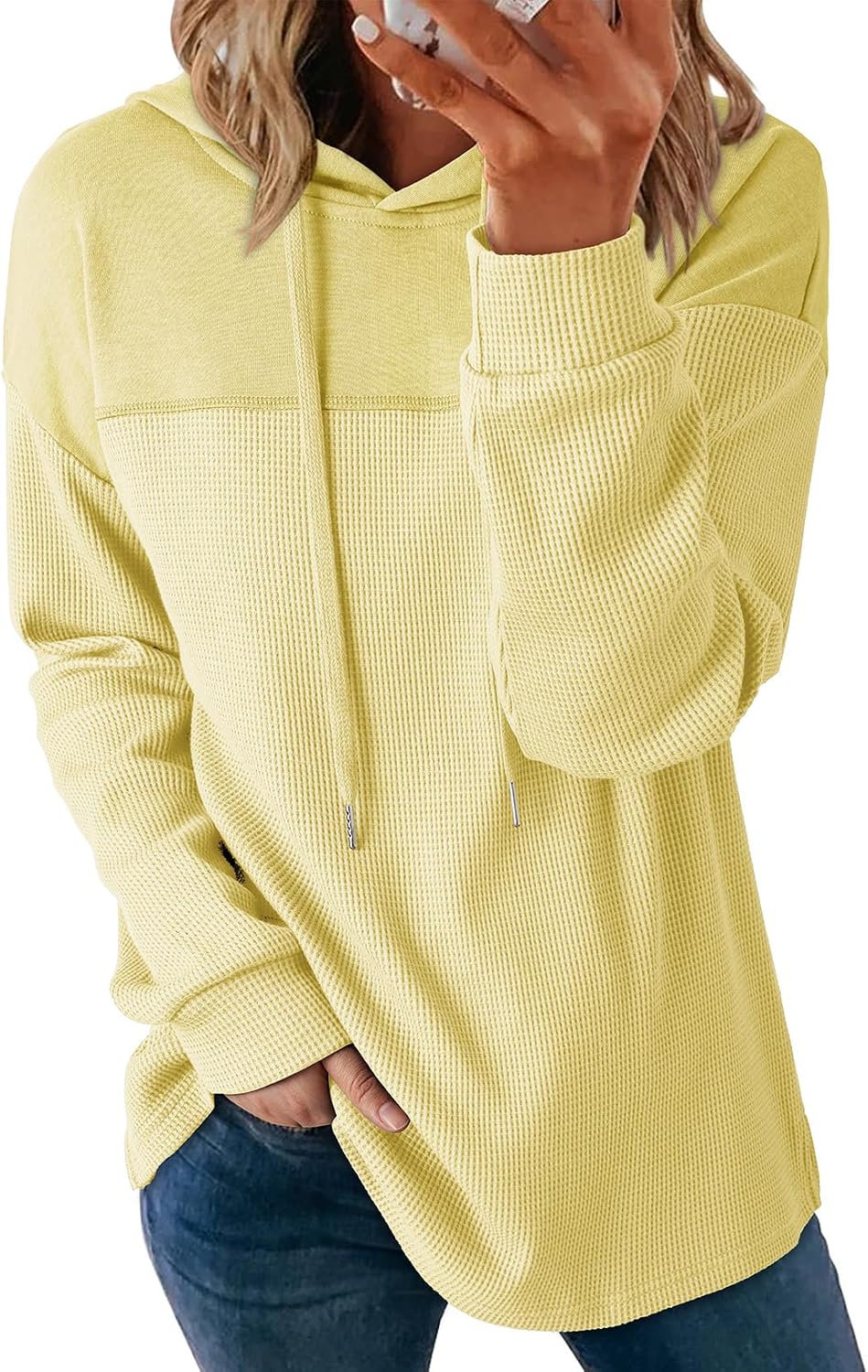 Dokotoo Sudaderas con capucha para mujer, de punto gofre, manga larga, con cordón, ligeras, con capucha