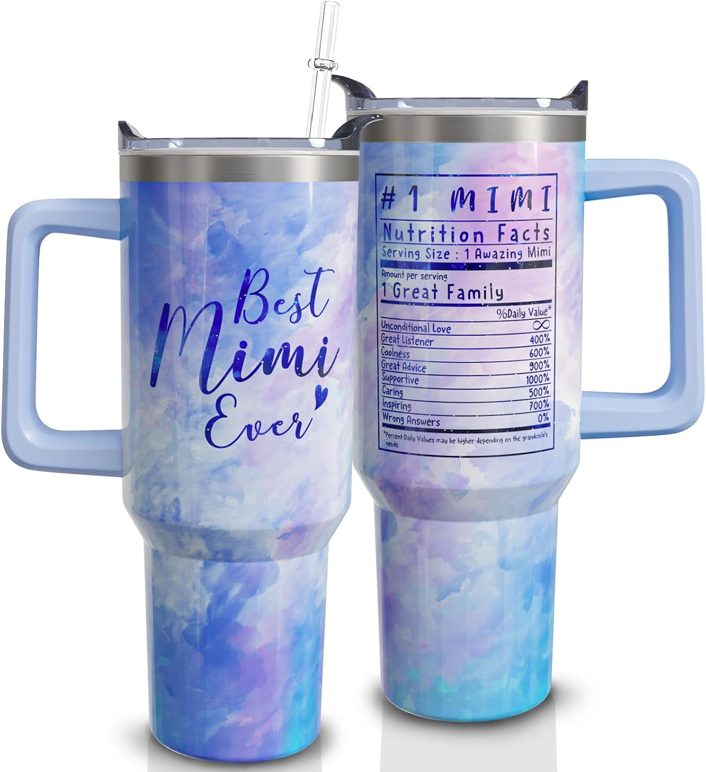Mimi - Vaso de café con asa y pajita, de acero inoxidable, con diseño de Best Mimi Ever Sky Blue, 40 onzas, regalo para la abuela