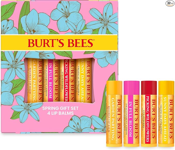 Burt's Bees - Bálsamo labial, protector labial hidratante, para hidratación durante todo el día, 100 % natural, Tropical, piña, bayas con agua fresca, fruta del dragón y coco y pera (paquete de 4)