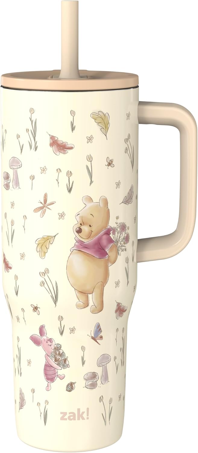 Zak Designs Disney Sutton Taza de viaje para llevar contigo, de 30 onzas, de acero inoxidable con aislamiento al vacío, con popote de silicona y asa para bebidas frías (dibujo de Mickey Mouse)