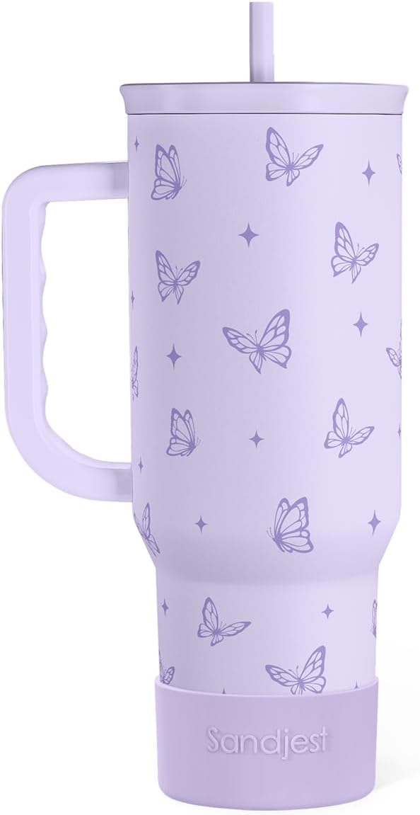 SANDJEST Vaso de 40 onzas con asa y pajilla, taza de café de viaje de acero inoxidable aislado para mujeres, niñas, amantes de la playa, idea de regalo para cumpleaños, Navidad, día de la madre, vacaciones de verano (color)