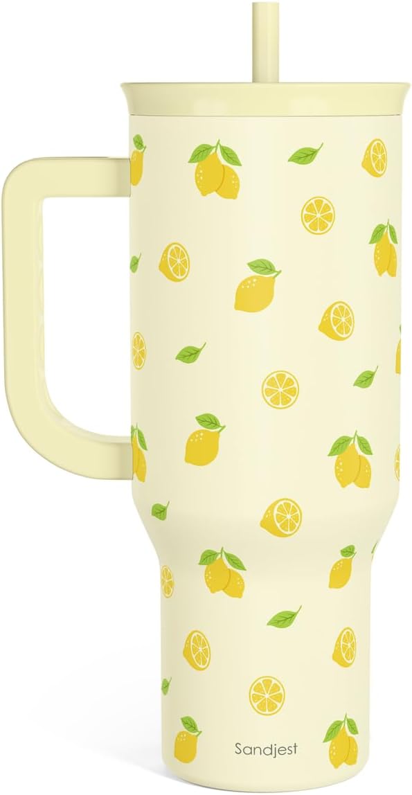 SANDJEST Vaso de 40 onzas con asa y pajilla, taza de café de viaje de acero inoxidable aislado para mujeres, niñas, amantes de la playa, idea de regalo para cumpleaños, Navidad, día de la madre, vacaciones de verano (color)