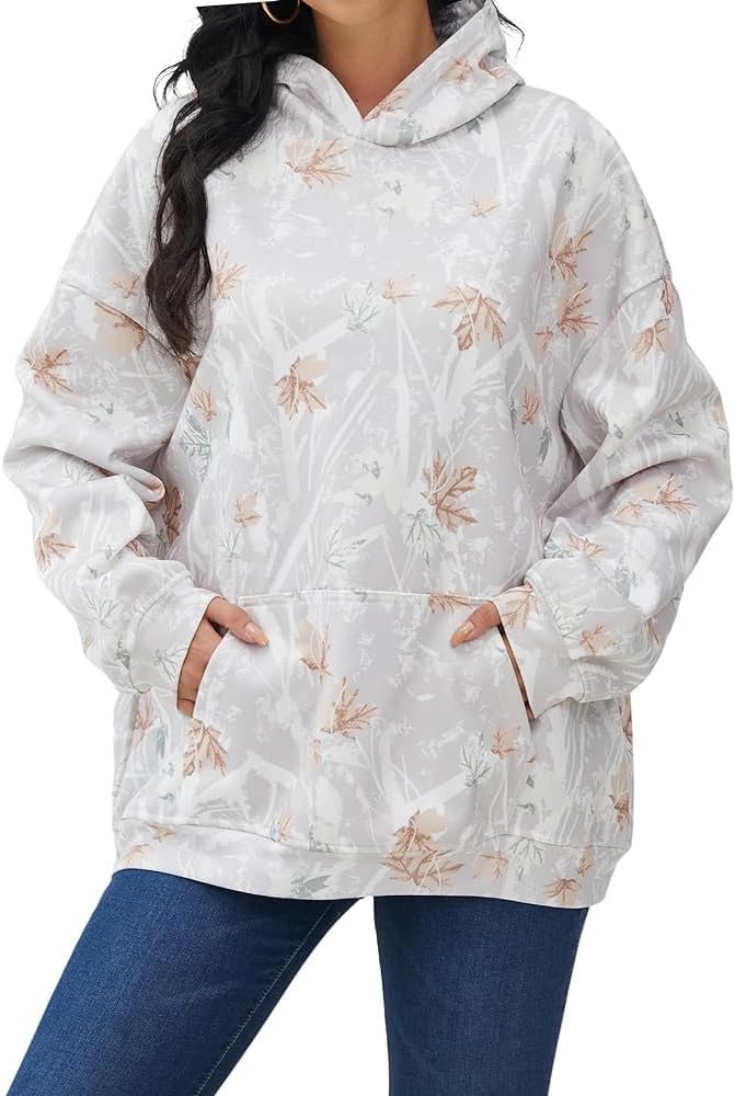 Anoumcy - Sudadera con capucha de camuflaje para mujer, con hoja de arce y forro de vellón, estilo holgado