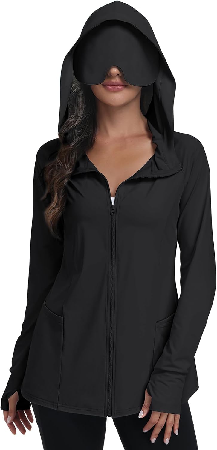 SeSe Code Sudadera con capucha de viaje con máscara de ojos, cremallera y protección solar, chaqueta ligera con bolsillos, para dormir al aire libre