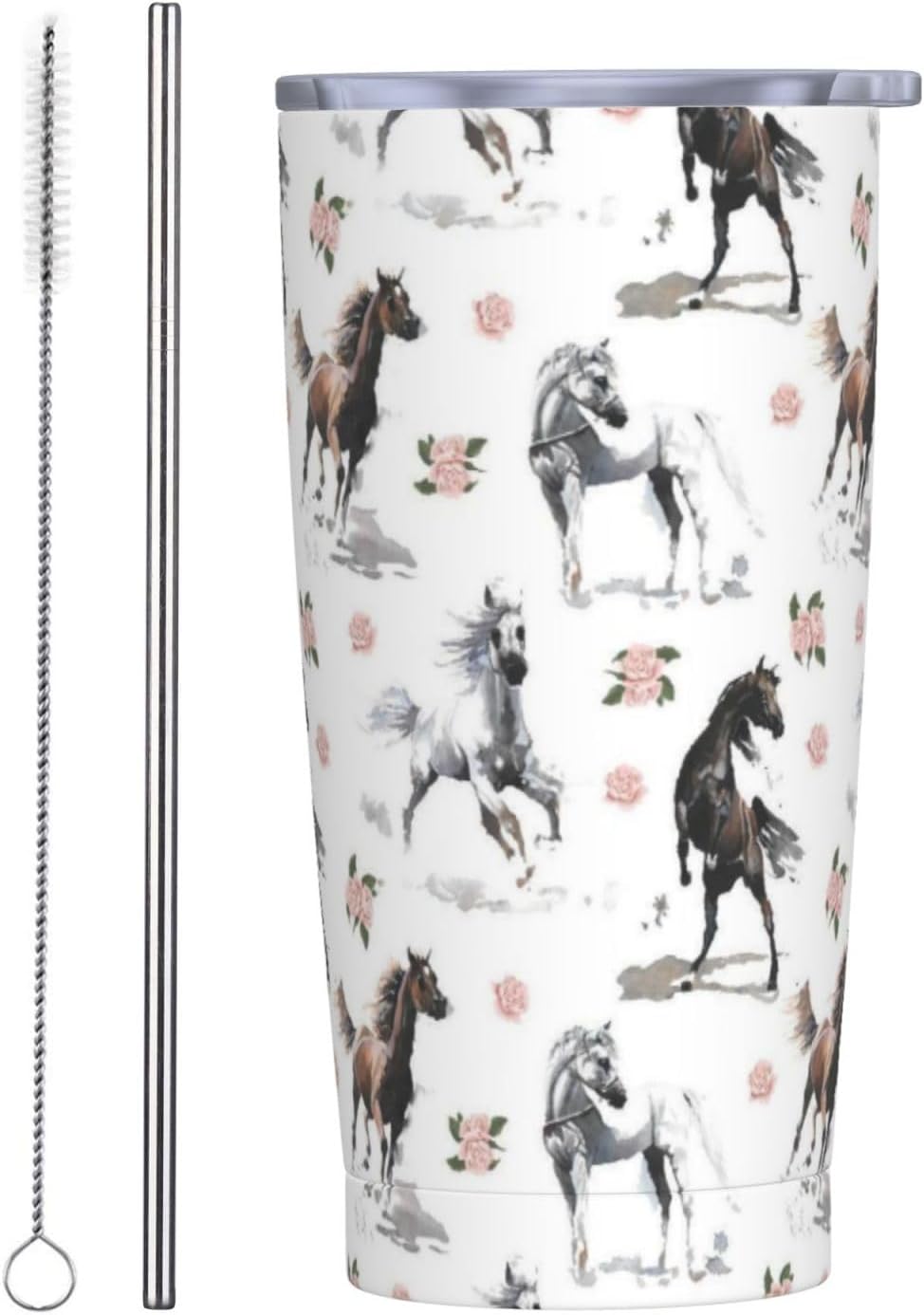 Vaso de 20 onzas con tapa y popote para mujer, diseño floral retro, con aislamiento, diseño floral retro, diseño de flores moradas, de acero inoxidable, taza de viaje al vacío de doble pared
