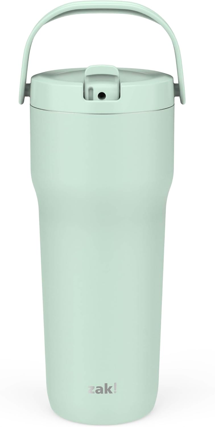 Zak Designs Disney Sutton - Vaso de viaje para llevar o en casa, acero inoxidable de 40 onzas con aislamiento al vacío, popote de silicona, asa de transporte y obras de arte 3D para bebidas frías (Minnie Mouse)