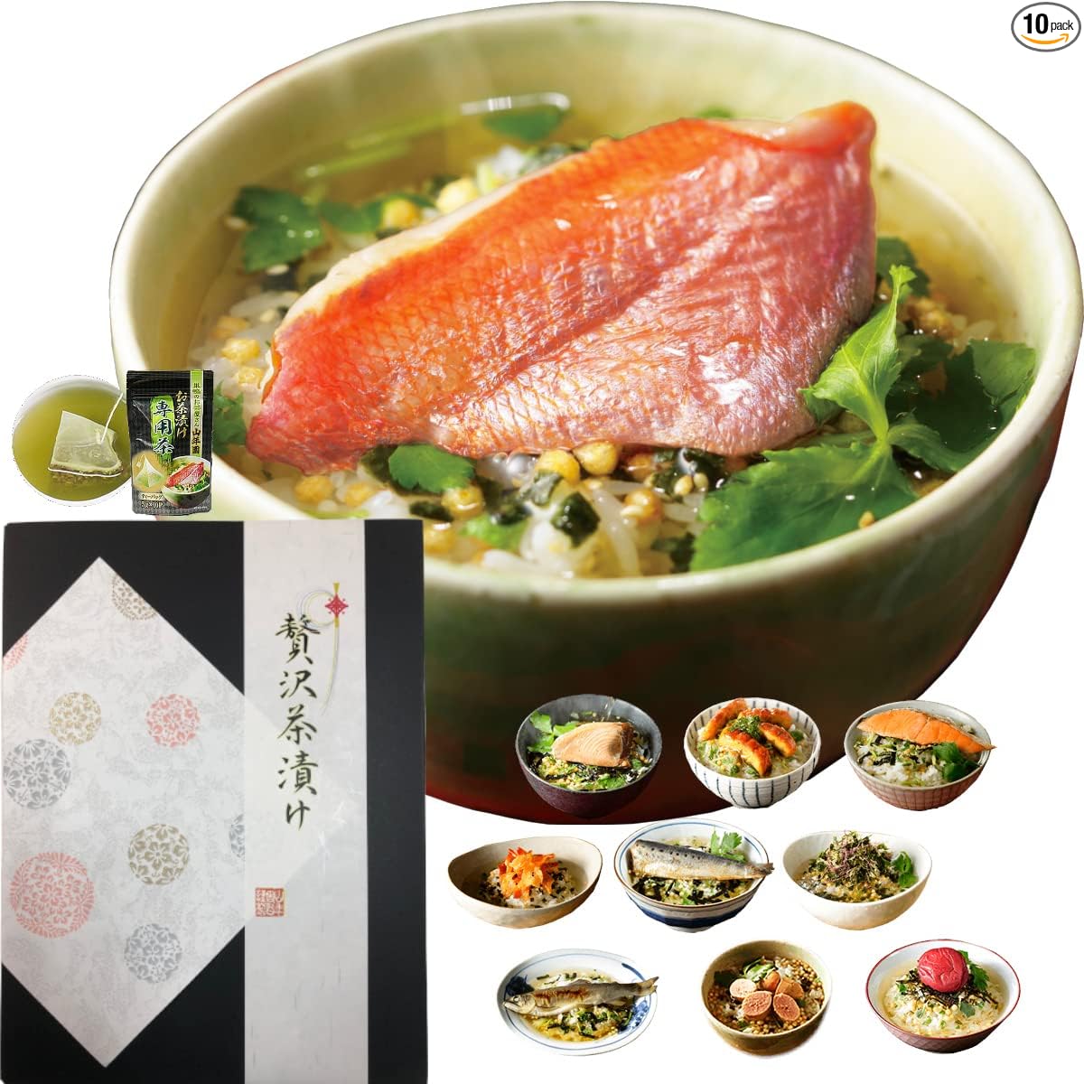 Sugamo no Ocha-ya San Yamanenen Premium Gift Box Set, Ochazuke Set with Special Tea, 6 Varieties (Goldeye, Tuna, Eel, Salmon, Sardine, Seaweed) - Gift Set for Congratulations