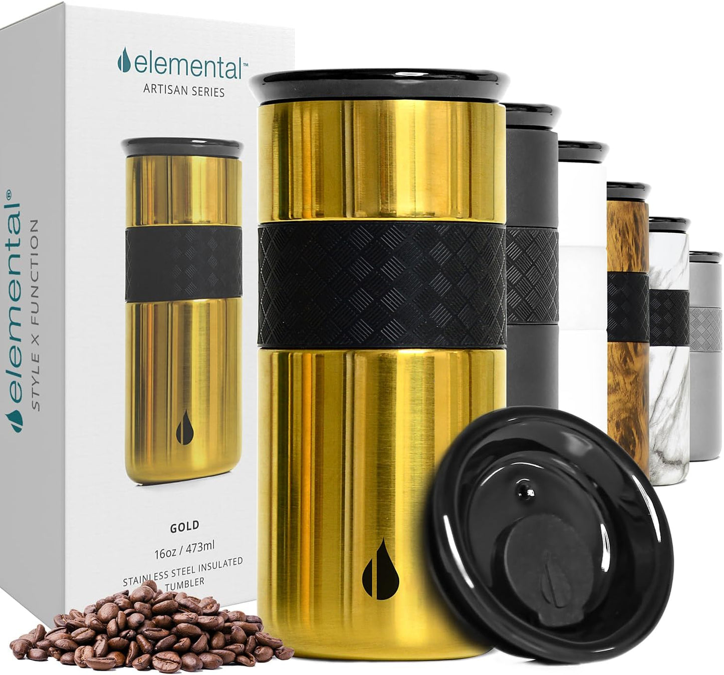 Elemental Vaso aislado artesanal, taza de viaje para café de triple pared, reutilizable, de acero inoxidable, con tapa de cerámica, tazas de café térmicas para bebidas calientes (6 horas) y frías (18 horas), 16 onzas, flores azules