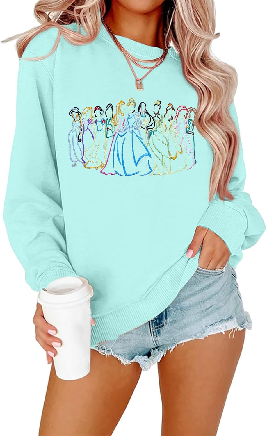 BANGELY Sudadera mágica para mujer, lindo suéter de princesa mágica bordado, camisa de vacaciones para la familia, camiseta casual de manga larga