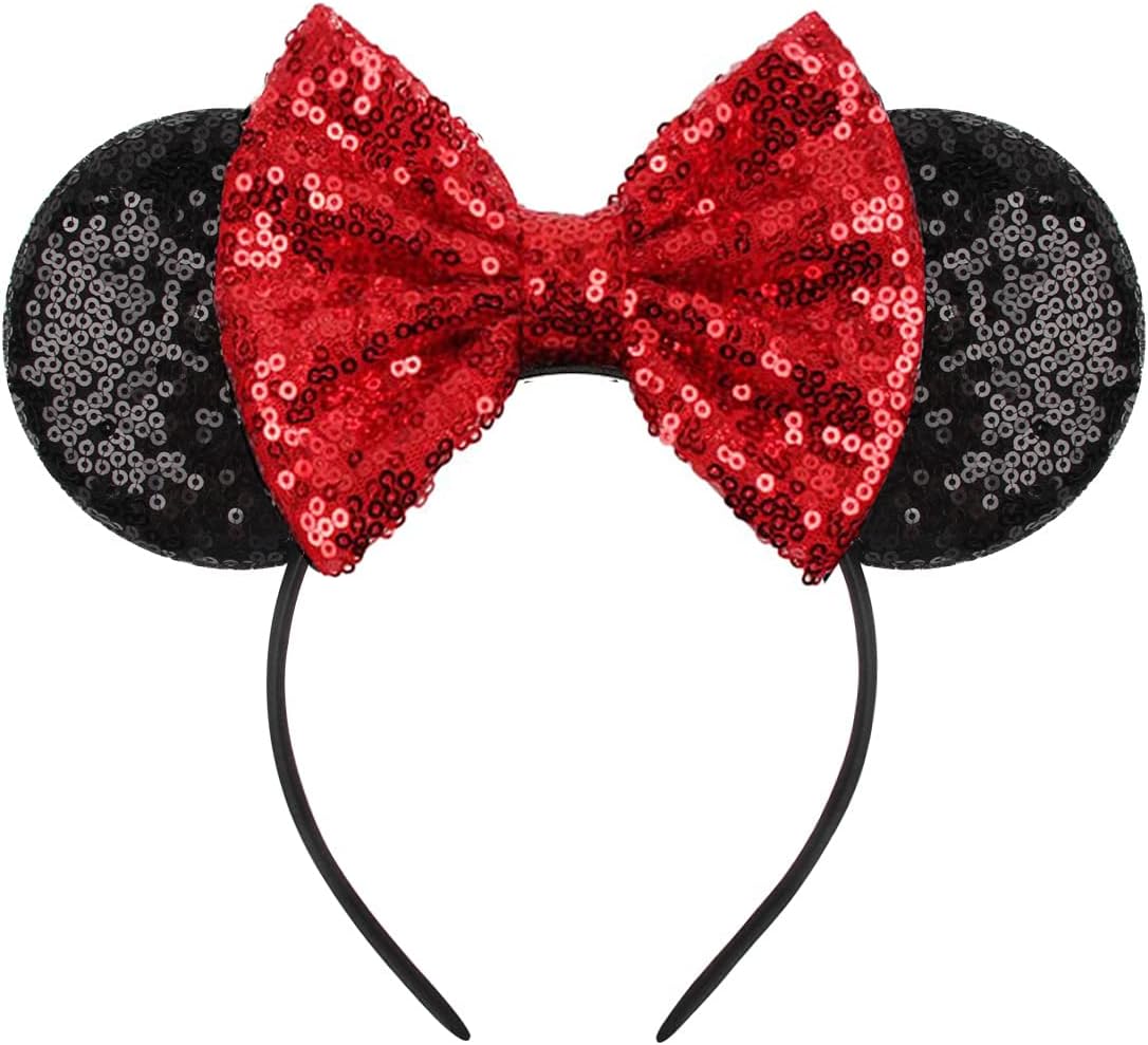 Eisyaa Diadema de orejas de ratón, orejas de ratón rosas con lentejuelas para mujeres y niñas, diadema de lazo brillante para decoración de fiesta de disfraces de cosplay
