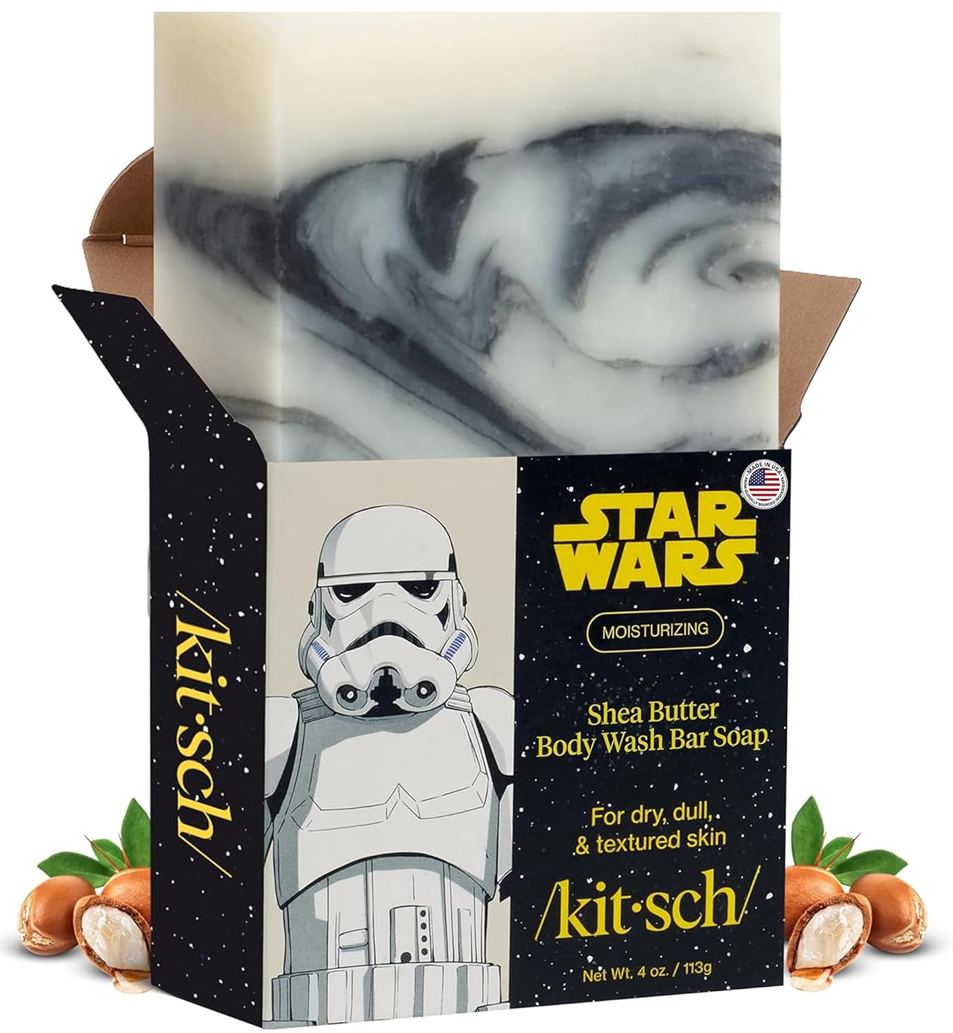 Kitsch Jabón corporal exfoliante de manteca de karité x diseño de Stormtrooper de Star Wars, jabón en barra hidratante y barra de jabón suave, hidrata, suaviza y calma la piel, sin parabenos, silicona
