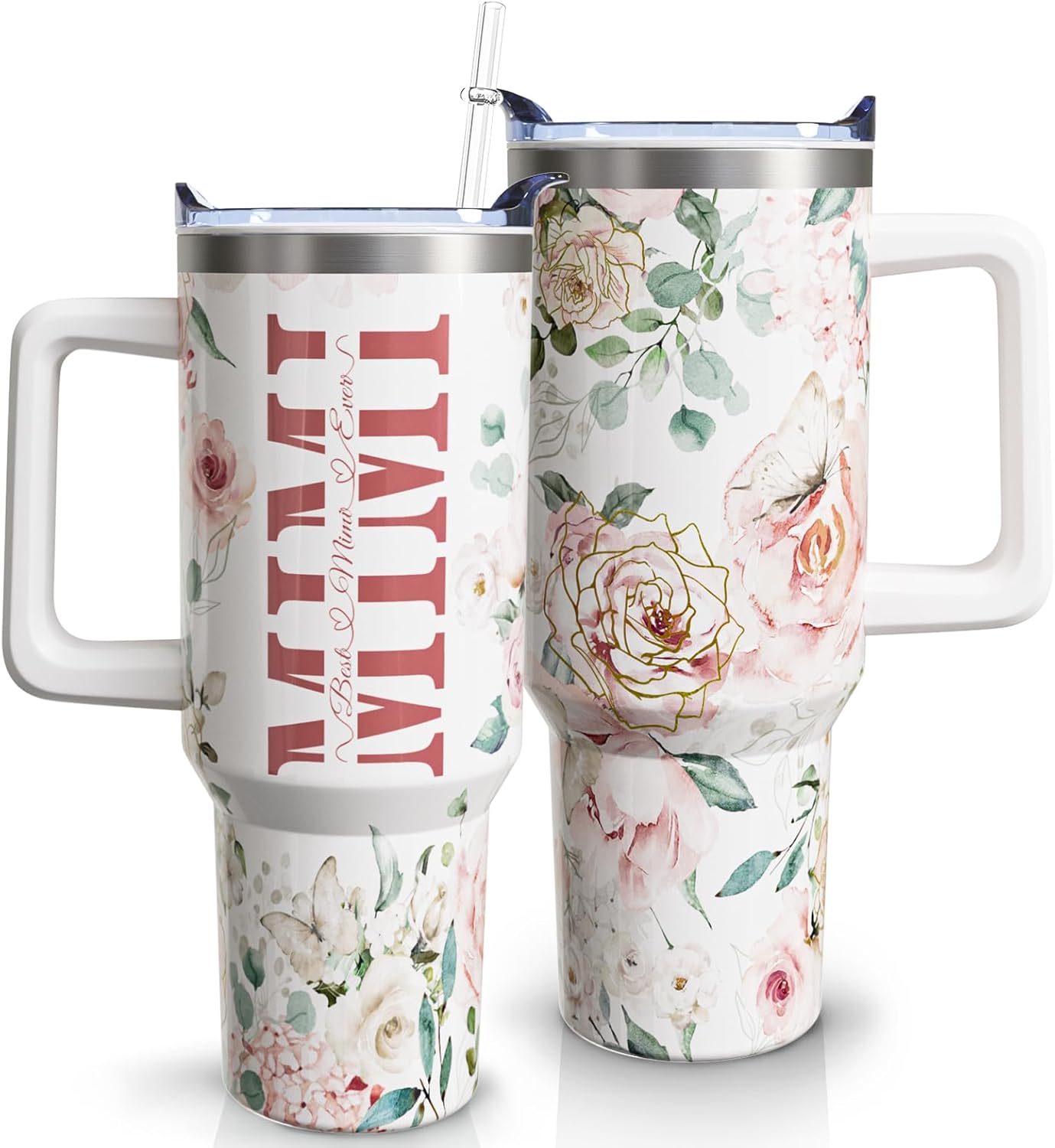 Mimi - Vaso de café con asa y pajita, de acero inoxidable, con diseño de Best Mimi Ever Sky Blue, 40 onzas, regalo para la abuela