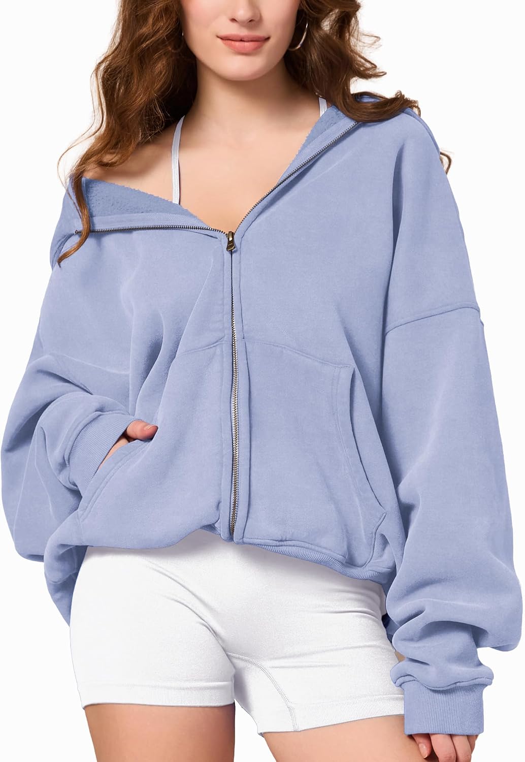 FAIABLE Sudadera con capucha y cremallera para hombre y mujer, de gran tamaño, con lavado ácido, pesada, de algodón, forro polar, con cremallera, estilo vintage