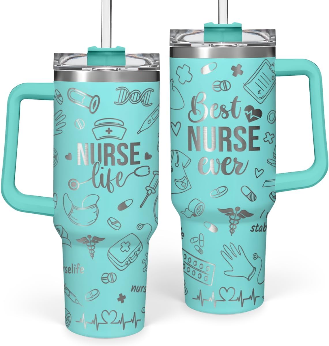 Regalos de enfermera para mujeres, vaso de enfermera con asa, taza de café de acero inoxidable de 40 onzas con tapa con pajilla, regalo de enfermería para enfermeras, regalo de agradecimiento para