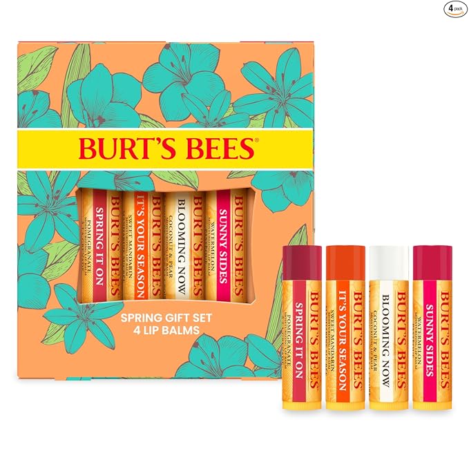 Burt's Bees Gifts Ideas - Juego de bálsamo labial para fiesta de jardín, vainilla lavanda, melocotón dulce, manzana verde, miel de flores silvestres, con cera de abejas de origen responsable, tratamiento labial de origen natural, 0.15 onzas, cuatro tubos