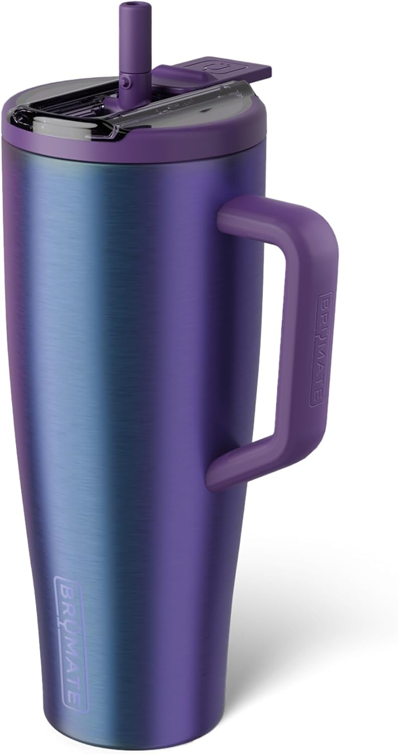 BrüMate Era Flip - Vaso de 40 onzas con tapa con pajilla cubierta 100 % a prueba de fugas, popote higiénico cubierto, botella de agua de acero inoxidable aislada con asa, apto para portavasos, sin BPA (Lilac Dusk)