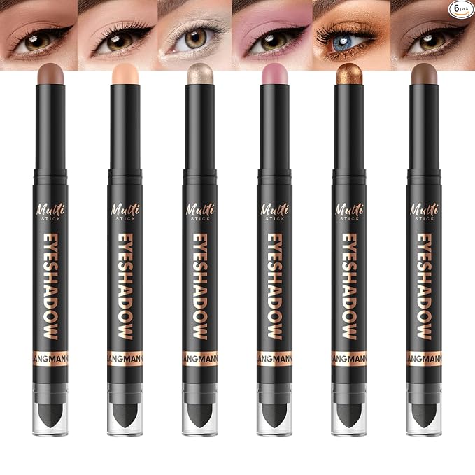 LANGMANNI 8Colors Dual-Ended Cream Eyeshadow Stick Set – Silky Smooth, Waterproof & Transfer-Proof, Built-in Blender Brush, All-Day Matte & Shimmer Wear Eye Makeup(#A)