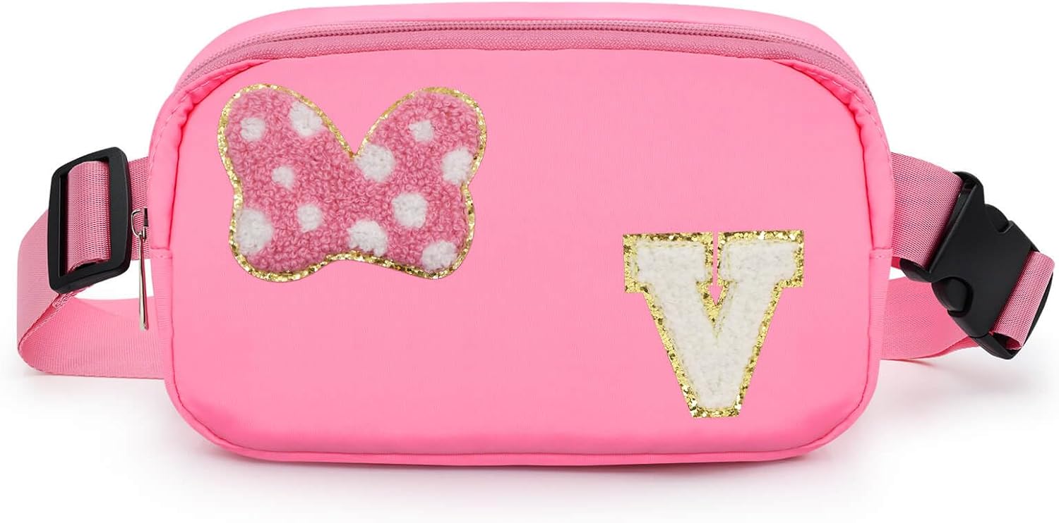 Riñonera con Lazo de Letra Inicial de Chenilla, Bolsa Cruzada Impermeable para Parque, Regalos de Navidad y Cumpleaños para Niñas Adolescentes, Hijas, Mujeres, Niños, Adultos, Linda Bolsa de Cinturón