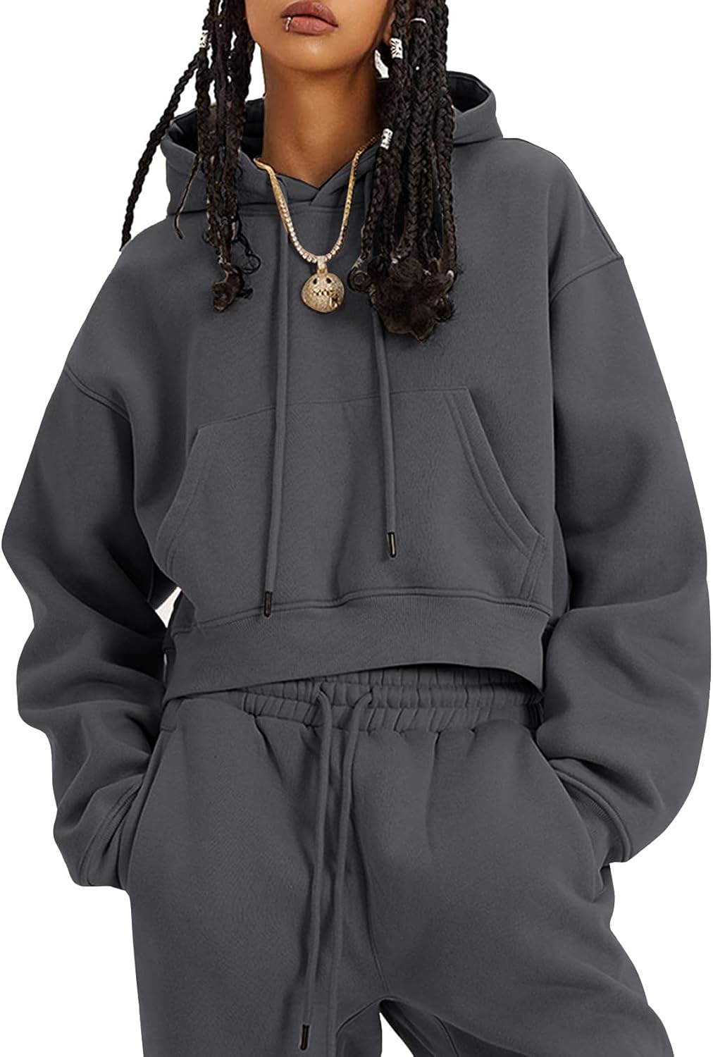 Flygo Conjunto deportivo de 2 piezas de forro polar para mujer, sudadera corta, sudadera y pantalones deportivos