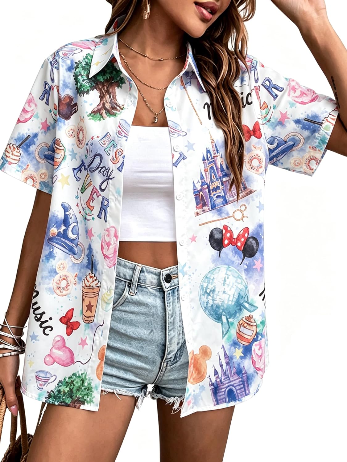 VILOVE Camisa mágica para mujer, camisas hawaianas mágicas de princesa, camiseta divertida con estampado de castillo, para vacaciones familiares, camisetas con botones