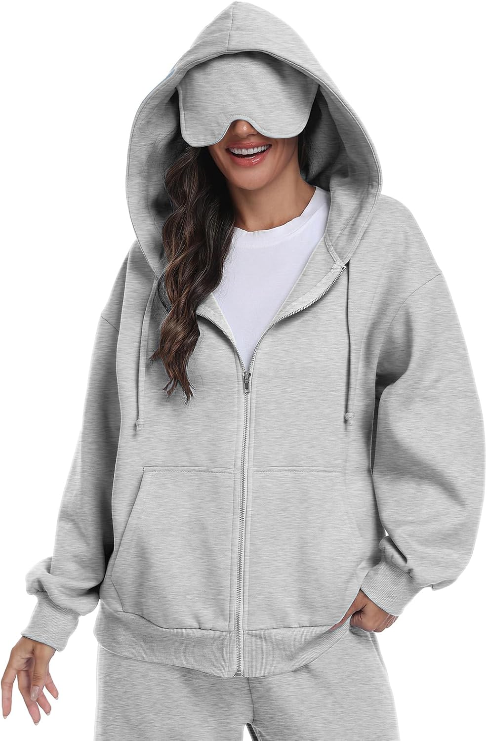 SeSe Code Sudadera con capucha unisex, con cremallera y máscara para los ojos, modo avión, sudadera holgada de viaje, chaqueta de forro polar